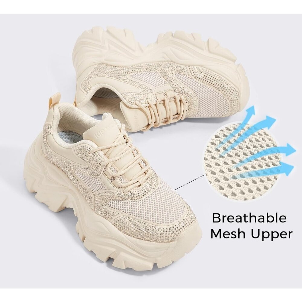 Women Leather Beige Rhinestone Comfortable Wedge Walking Sport Sneakers Shoes - Picture 5 of 9